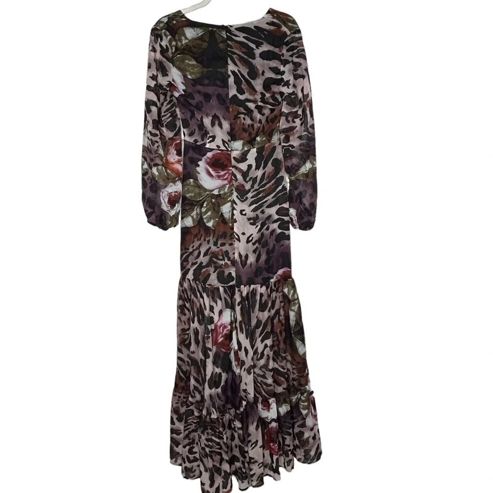 Giffniseti Leopard Floral Print Long Sleeve Ruffle Hem Maxi Dress NWT - Picture 6 of 16